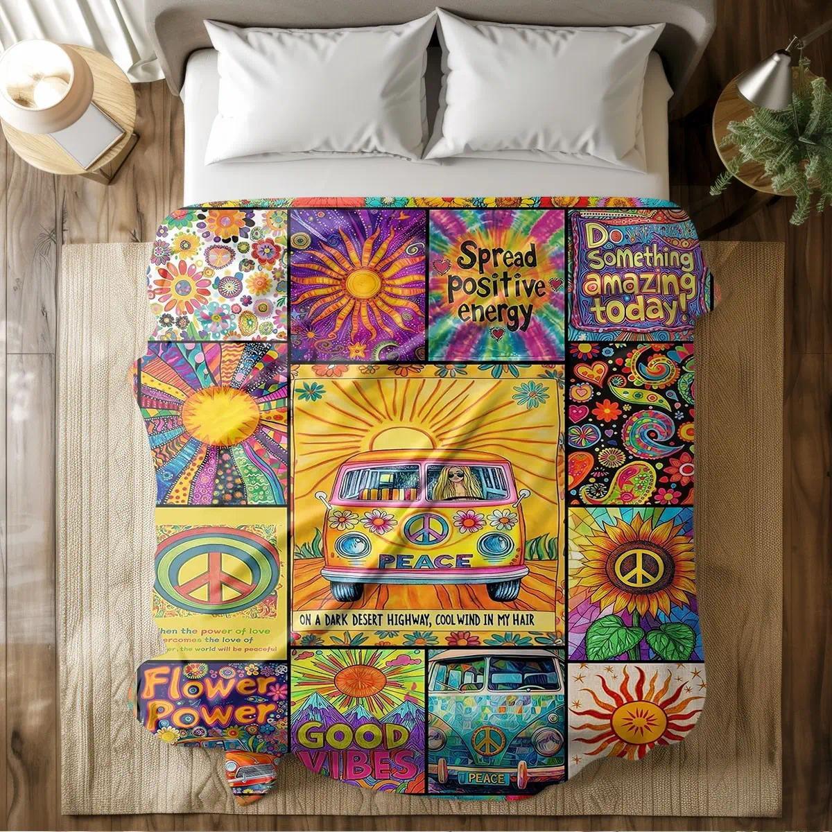 Comfortable Hippie Peace Bus Print Flannel Soft Throw Blanket, Baby Blankets and Adult Blankets, Soft Warm Anti-Pilling Fabric, Ideal for Nap, Camping, Travel, All Seasons Decor Blanket, Perfect Birthday Holiday Gift, Printed Flannel Blanket for Sofa Bed