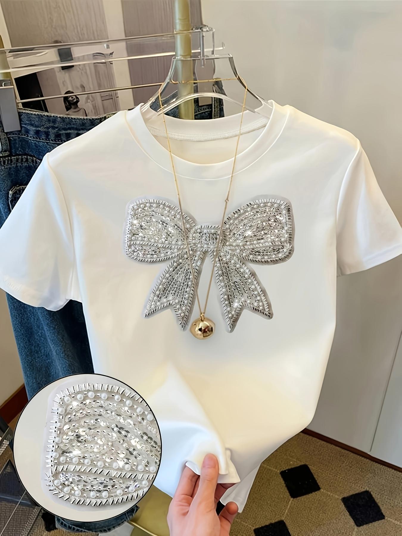 Women's Fashion Butterfly Sequins Detail Tee, Casual Style Short Sleeve Round Neck Top, Comfortable Elastic Geometric Pattern Shirt