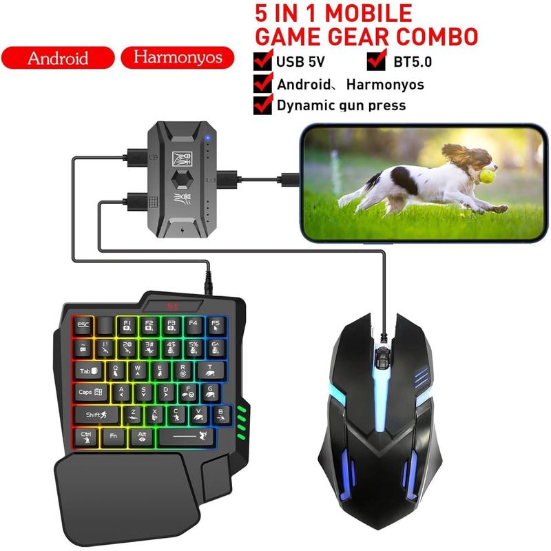 Mobile Gaming Keyboard and Mouse Set with Converter, One-Handed RGB Backlit Gaming Keyboard, Wired Gaming Mouse, Mouse Pad for Android iOS Phones, Perfect for PUBG Mobile, FPS Games - All-in-One Gaming Kit for Smartphone Gamers