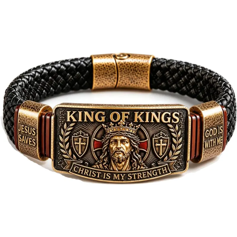 Leather Christian Bracelet for Men, King of Kings Faith Bracelet with Jesus Christ Engraving, 'Christ Is My Strength' Religious Inspirational Wristband, Christian Gift for Men Husband Dad
