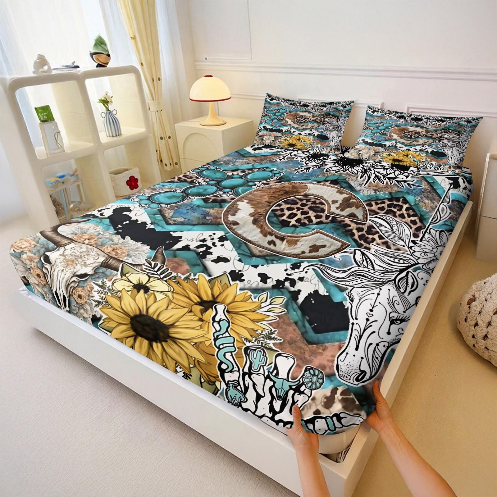Western Retro Style Patchwork Letter C 3pcs Fitted Sheet Set,Featuring Bull Head, Sunflower,Leopard Print, Cow Print,Abstract Floral Elements Bedding Set,Comfortable Fiber Bed Cover,Perfect  Forclassic Retro  Decor!Includes 2 Pillowcases,No Pillow Core.