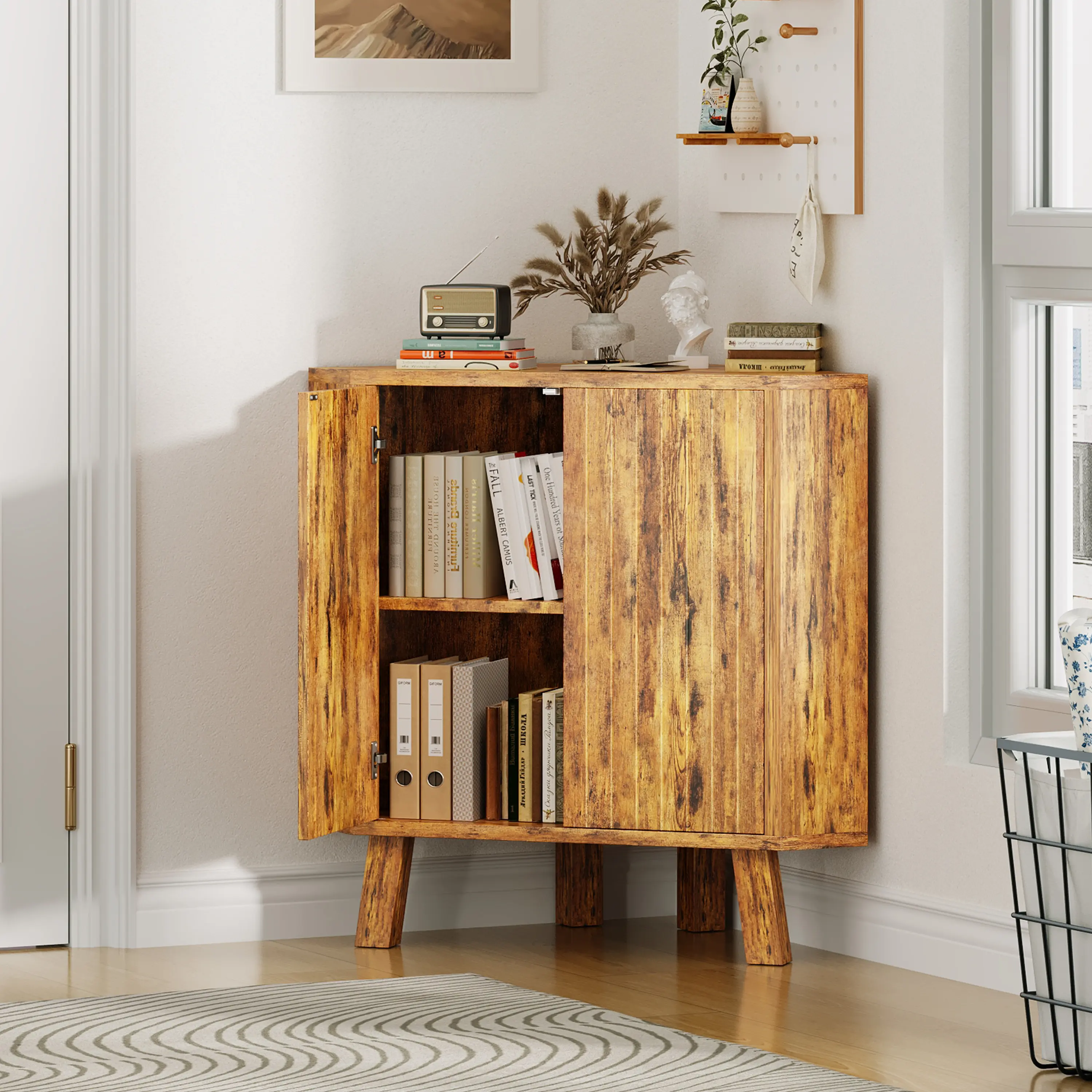 Space-Saving 3-Tier Industrial Farmhouse Corner Cabinet with Fluted Doors – Adjustable Shelf, Triangle Wine Bar or Buffet Storage for Living Room, Kitchen, Bedroom