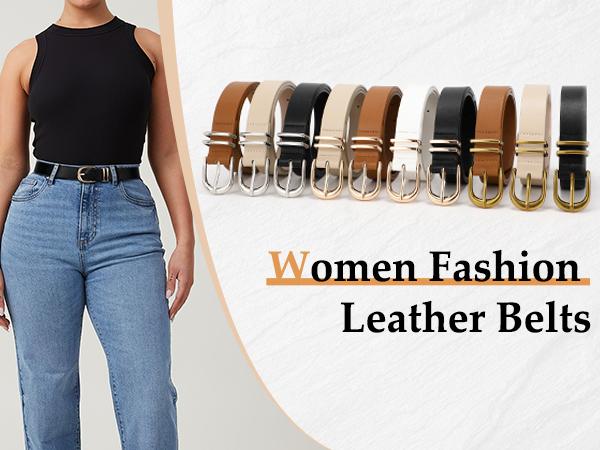 JASGOOD 3 Pack Women Leather Belts  Ladies Faux Waist Belt with Gold Buckle For Jeans Dresses Pants