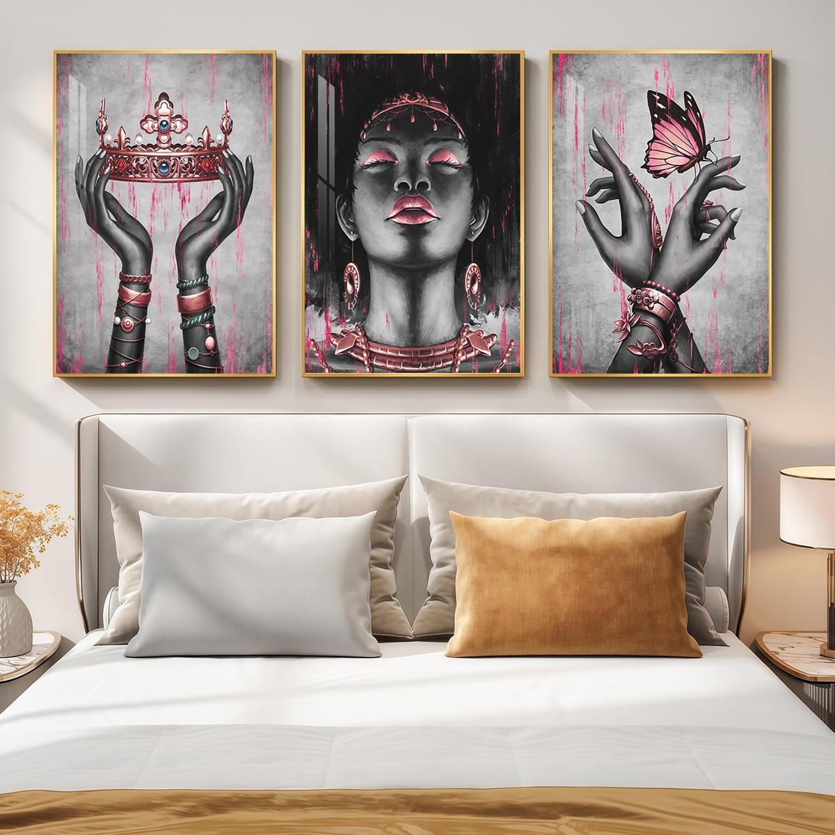 3 Counts Aluminum Alloy Framed Painting, Elegant Black And Pink Crown Butterfly Lady Artwork, Home Decoration For Living Room, Bedroom, Office, Restaurant, Hallway Wall Decor, Odorless Print Artwork, Luxury Perfect Gift For Friends And Family