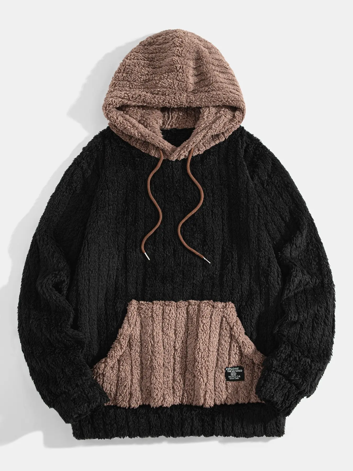 Men Color-Block Plush Hoodie, Textured Fluffy Fleece Pullover, Warm Winter Casual Streetwear, Patch Pocket, Daily