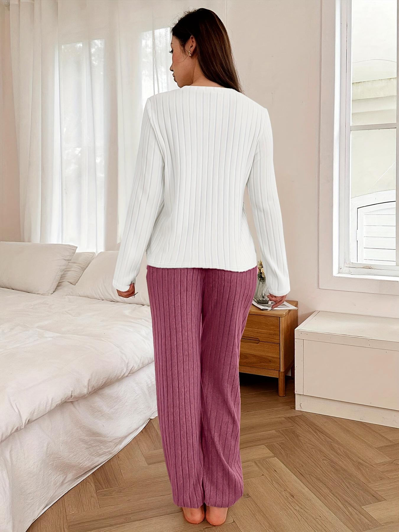 Women's Heart Round Neck Long Sleeve Fitted Pajama Set, Comfortable Warm Home Wear, Casual Two-Piece Sleepwear for Ladies