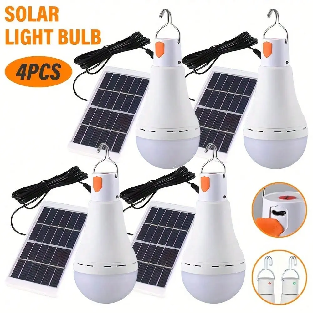 4pcs Intelligent Solar LED Bulbs, USB Rechargeable Emergency Light Bulbs With Portable Hook, 3 Lighting Modes Garden Lights, Suitable For Gardens, Camping, Fishing, Lanterns, Night Lights, Emergency Use