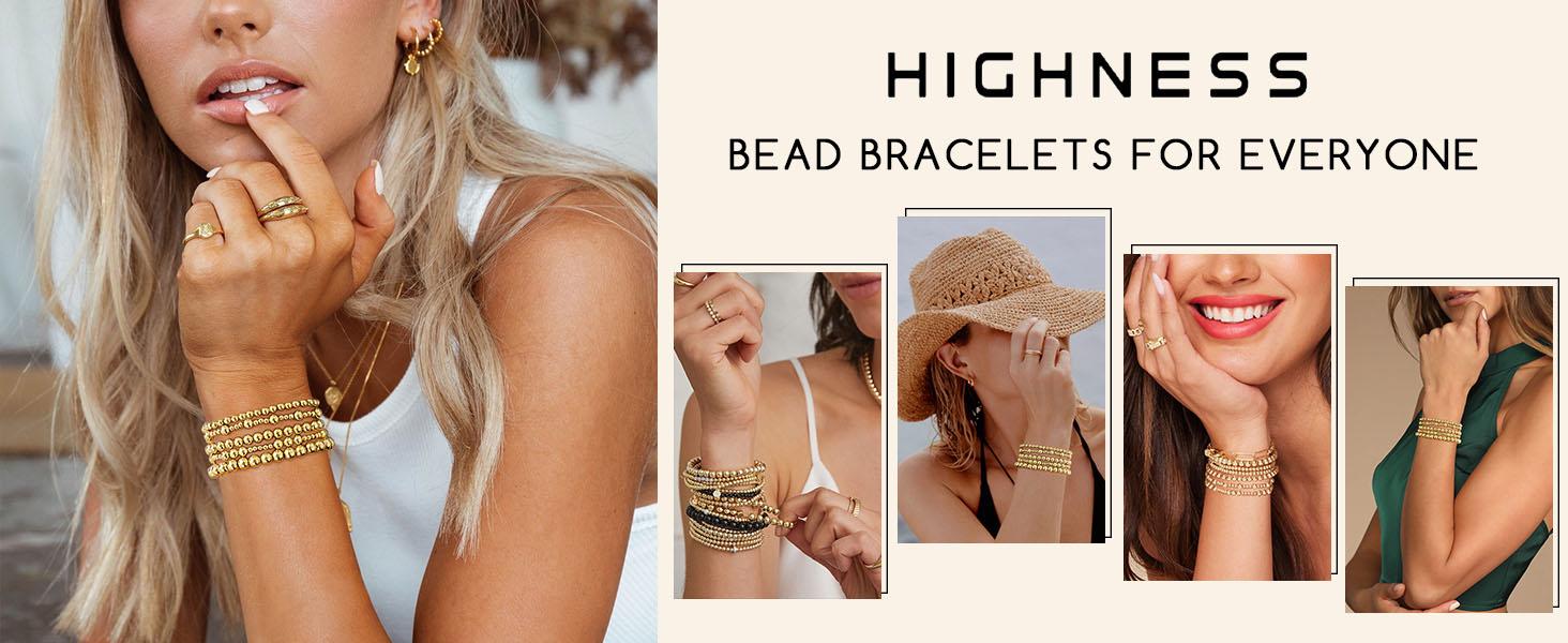 17KM Gold Bracelet for Women Waterproof, Beaded Strand Bead Ball Bracelet stack Adjustable  for Gifts