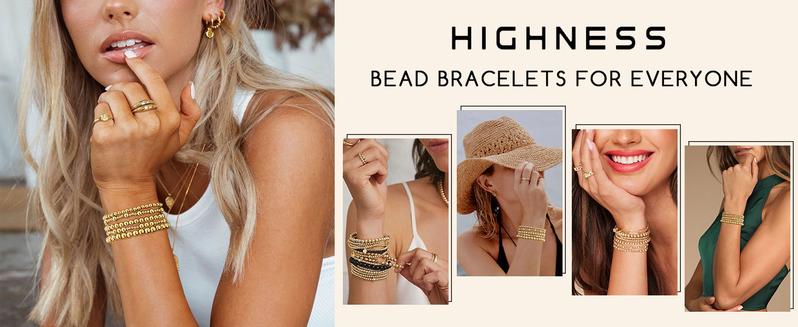 17KM Gold Bracelet for Women Waterproof, Beaded Strand Bead Ball Bracelet stack Adjustable  for Gifts