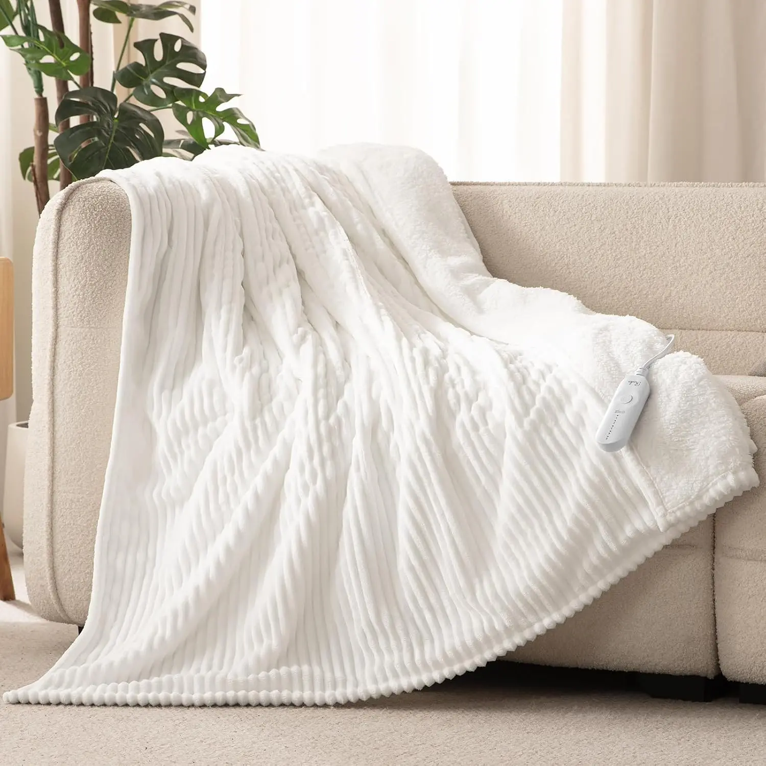 Heated Throw Blanket, 5 Heat, 3 Hours Auto-Off, White| ETL & FCC certified, 50" * 60", OEKO-TEX, machine washable, 100W low energy