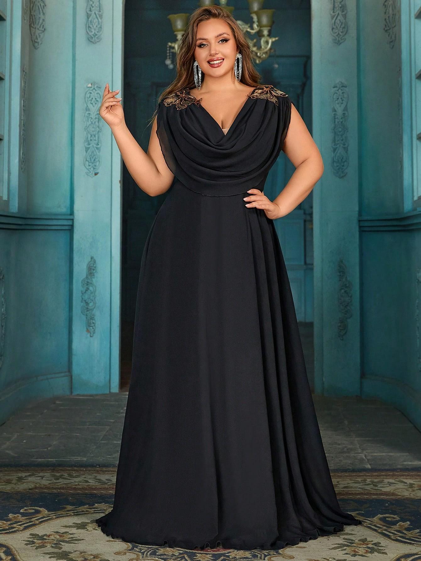 black dress with sleeves formal Black Chiffon Long Sleeves V-neckline Party Dress, Black Formal Dress