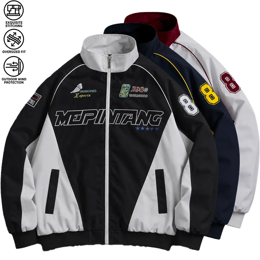 Men’s Thin Windproof Polyester Casual Athletic Racing Jacket - Lightweight Outdoor Sporty Active Urban Moto Outerwear with Embroidered Fashion Pattern, Breathable Unisex All-Season Coat, Casual Athletic Jacket