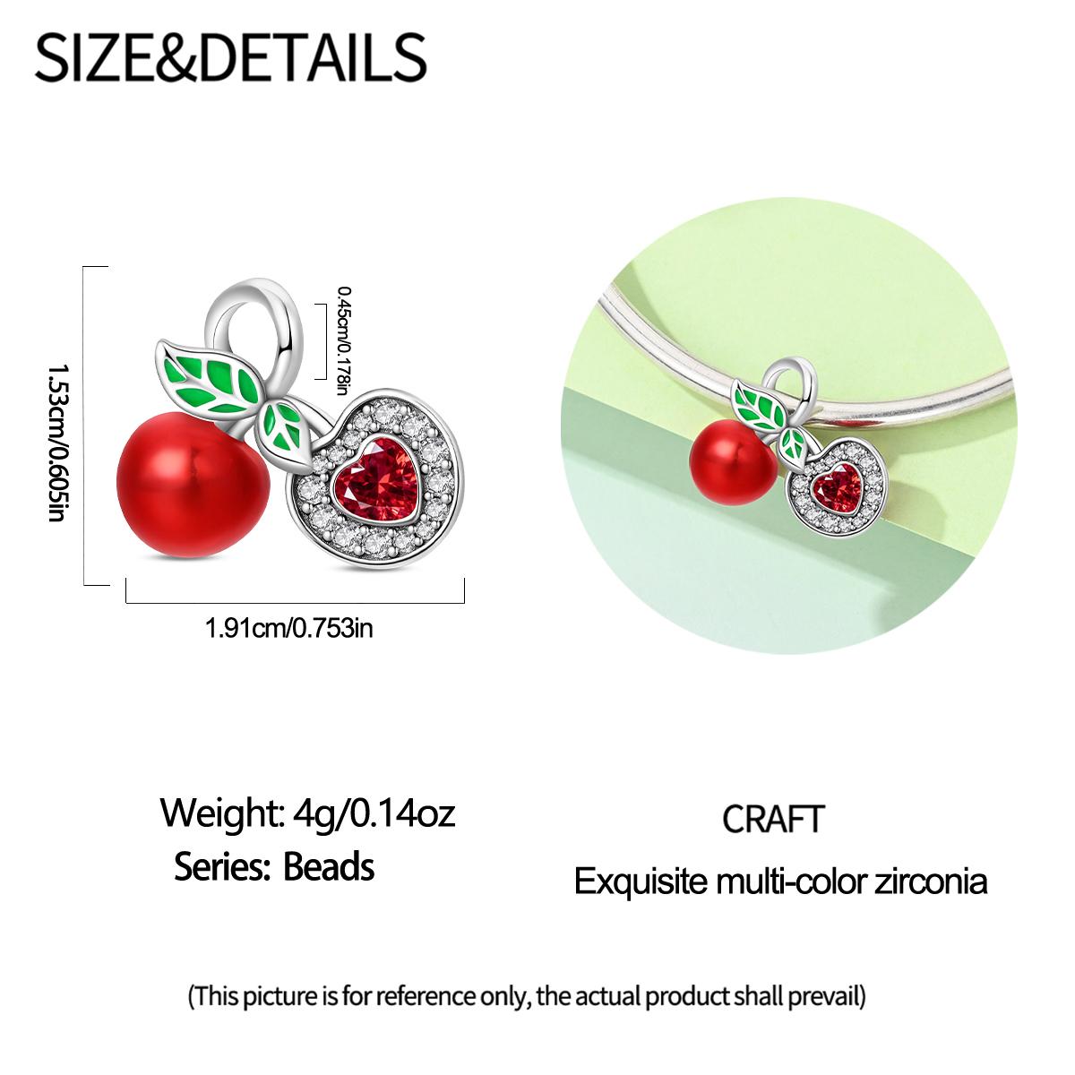 Cherry & Heart Dangle Charm, Ruby & Leaf Enamel, Cute Fruit Jewelry for Pandora Bracelet, Elegant Accessory for Women
