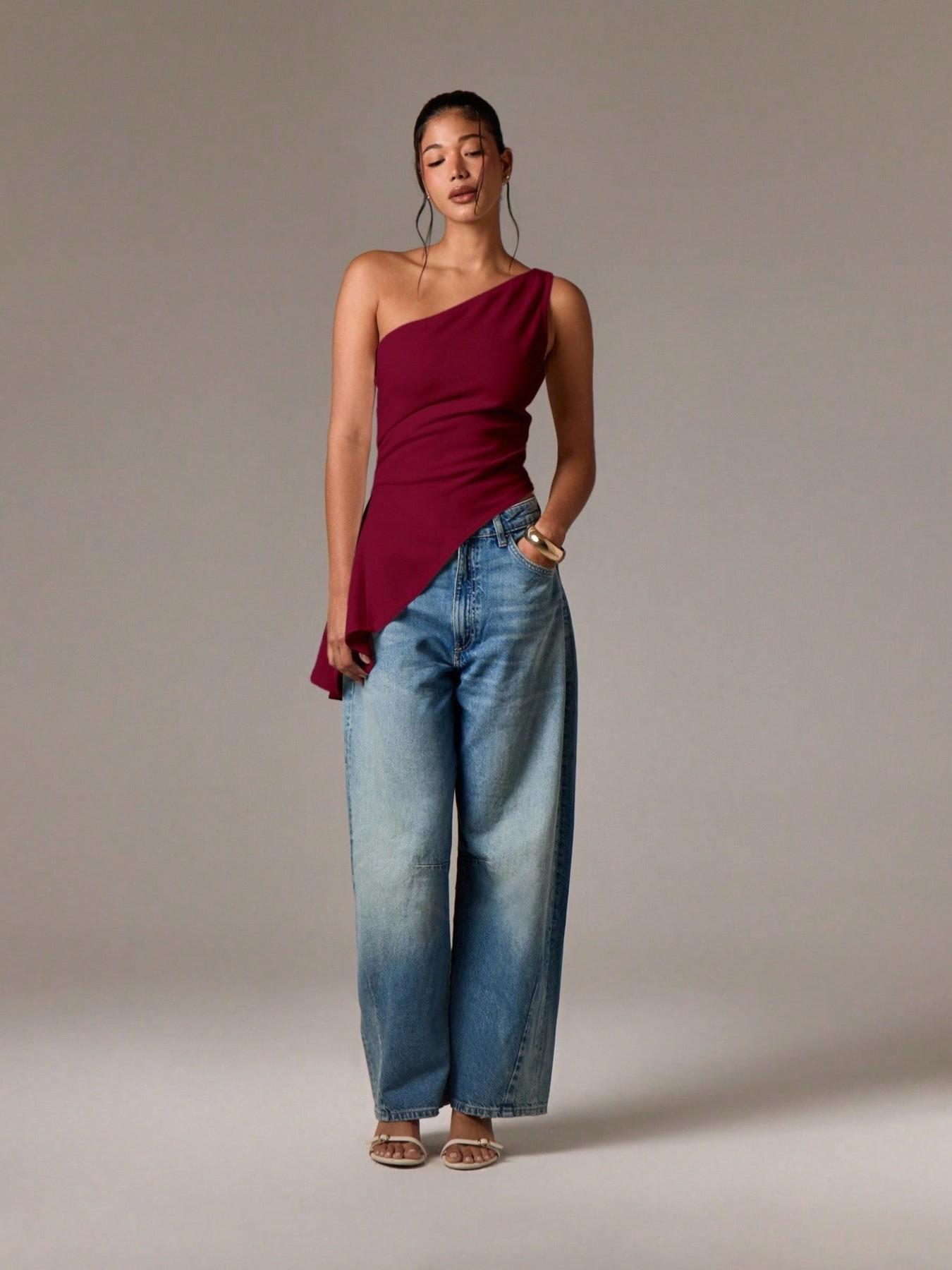 2026 New Irregular Backless Slim Fit Solid Color Top, Asymmetrical Shoulder Versatile Slimming Sleeveless T-Shirt, Fashionable Women's Clothing