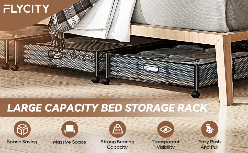 Flycity 2-Pack Under Bed Storage Box with Rotating Wheels - Foldable Collapsible Organizer for Bedroom Clothes, Shoes, Blankets - Home Decor Room Bins (Black/White), Foldable Storage Bins, Bedding Storage, Durable Storage Organizer,dorm essentials
