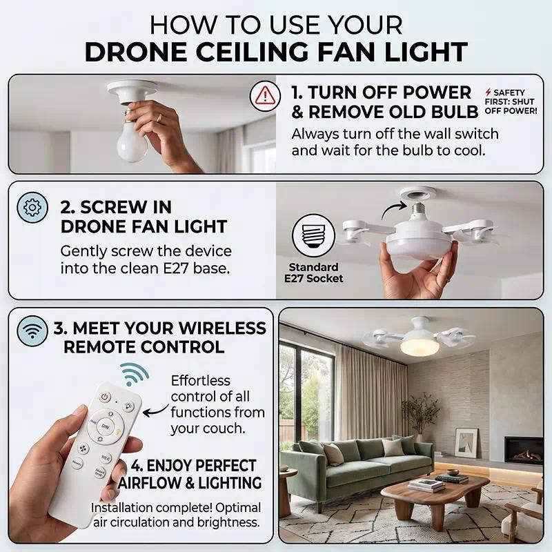 Foldable LED Ceiling Fan with Light (LED Lights) - Remote Control, E27 Socket Compatible, Adjustable Lighting & Functions, 3-Blade 50W or 4-Blade 60W, Indoor Use Household Appliance for Bedrooms