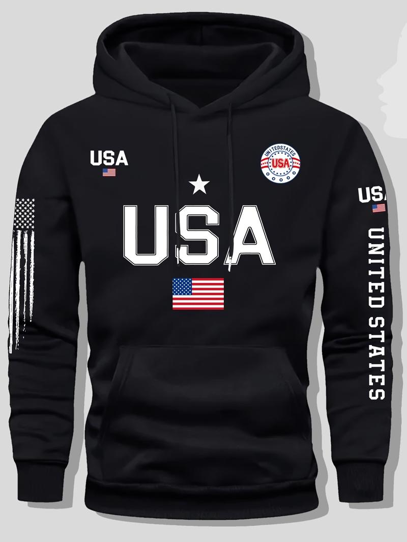 USA flag print hoodie men's fleece sweatshirt, United States letter print unisex casual knit fabric pullover for students and couples fashion hoodie for autumn and winter, 2025 spring pullover hooded sports hoodie