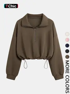 Women's Half-Zip Stand Collar Adjustable Drawstring Elastic Short Cropped Fitted Sweatshirt, Cute Cozy Sweatshirt, Comfortable, Casual and Stylish Pullover for Spring & Fall