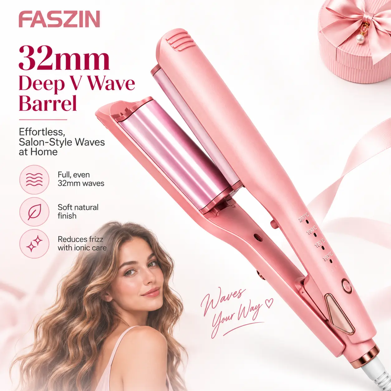 Faszin 32mm Hair Waver for Beach Waves, Ionic Deep Wave Hair Crimper Iron for Loose Waves, Volume & Texture, 4 Heat Settings, Dual Voltage Lightweight Styling Tool for Travel, Daily Use, Parties & Vacations, Pink