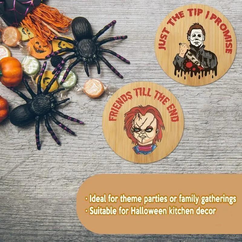 6 Piece Horror Movie Character Coaster Set, Unique Halloween Round Coasters, Wooden Coasters, Party Decoration, Perfect for Coffee Table and Kitchen Display
