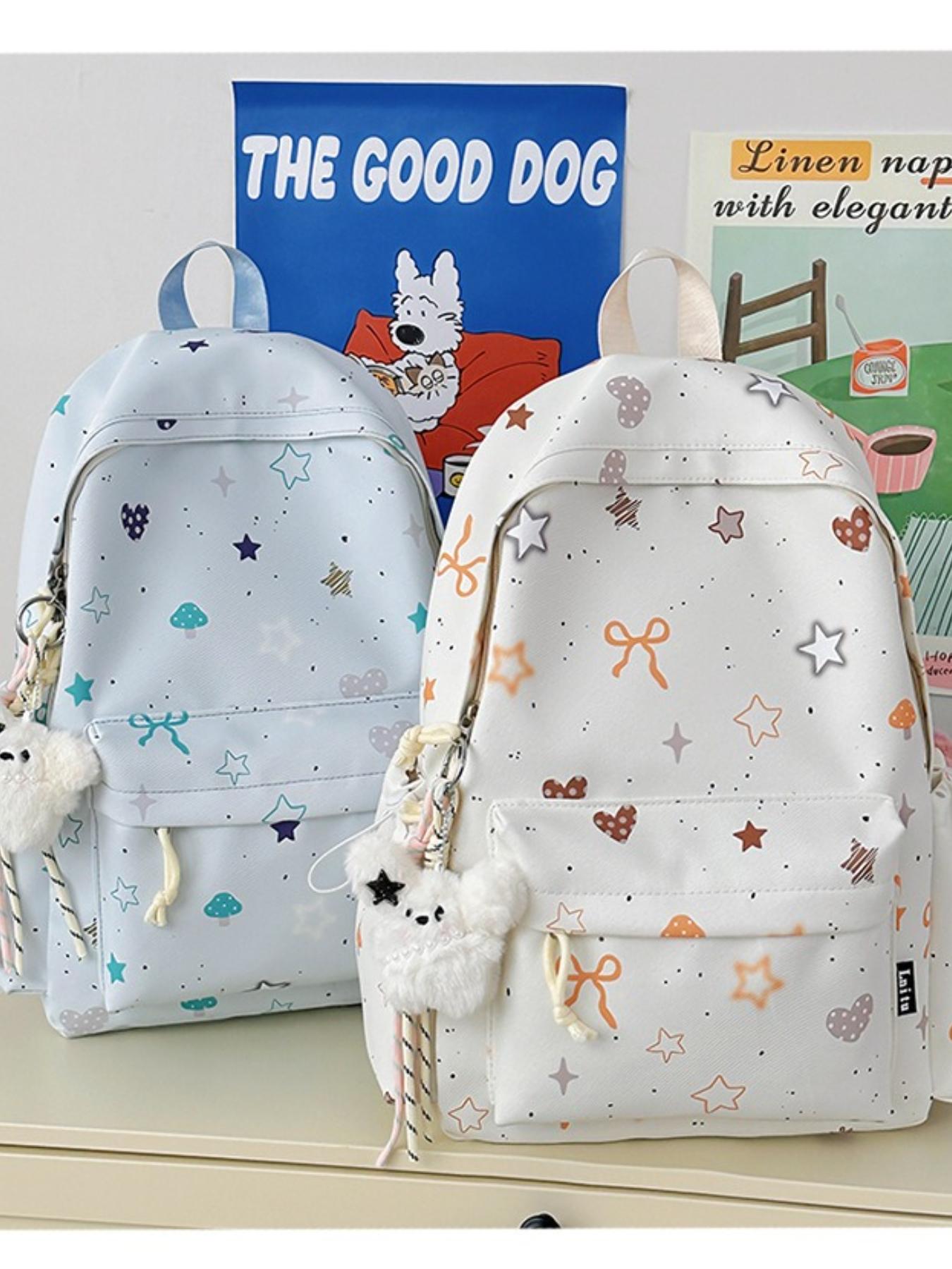 Cute Star Heart Print Backpack for Women, Fresh Casual Large Capacity Student Bag, Lightweight Nylon Travel Backpack