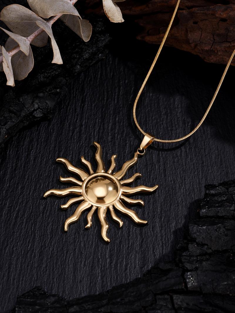 Stainless Steel Sun Pendant Necklace, Fashionable Chain, Elegant Rhinestone Design, Perfect for Daily Wear