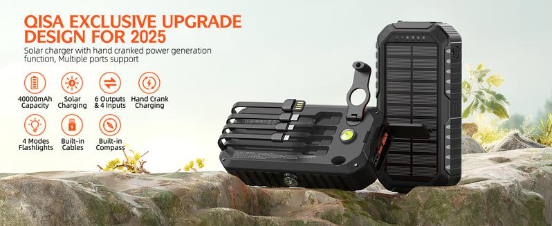 Solar Charger Power Bank 40000mAh Built in 4 Cables and Hand Crank, Portable Charger 22.5W Fast Charger 6 Outputs & 4 Inputs External Battery Pack with Bright Flashlight and Compass