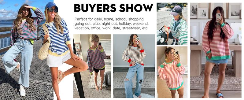 Fisoew Womens Striped Oversized Sweatshirt Color Block Crew Neck Long Sleeve Shirt Casual Loose Pullover Top Y2K Clothes