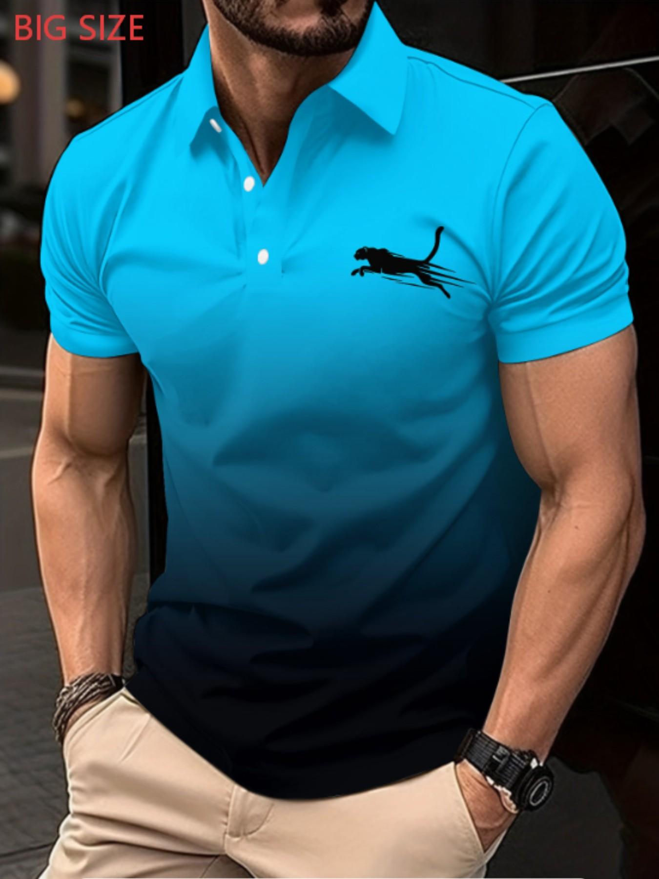 Large Size Men's Summer Gradient Leopard Print Polo Shirt, Stand Collar Slim Fit Casual Sport Short Sleeve Top, Comfortable and Stylish