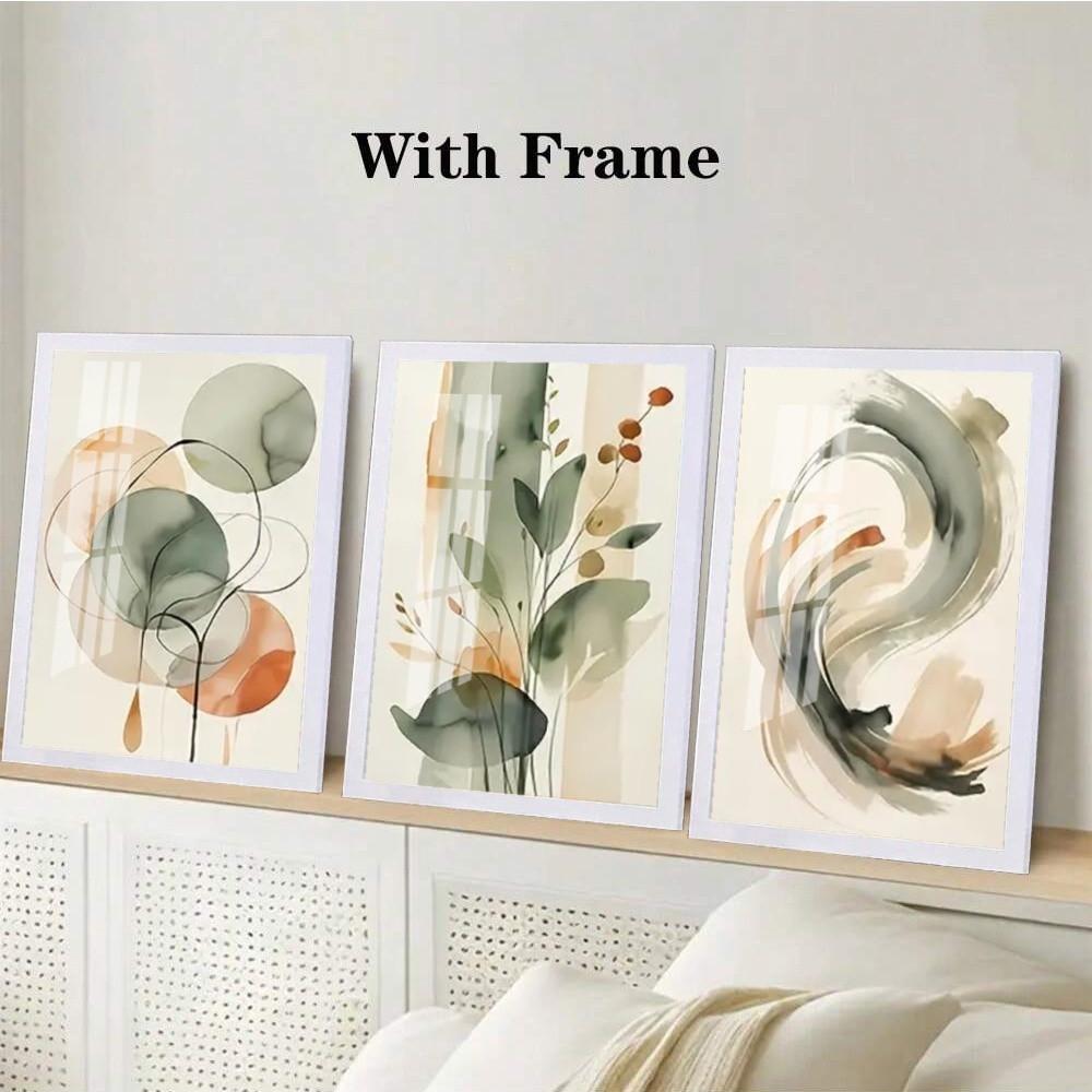 3-Piece Optional Wooden Frame Beige Sage Green Abstract Watercolor Plant Geometric Art Poster High Grammage Moisture-proof Tear-resistant Canvas Color Print High Color Accuracy Non-deformation Modern Minimalist Living Room Bedroom Wall Decor
