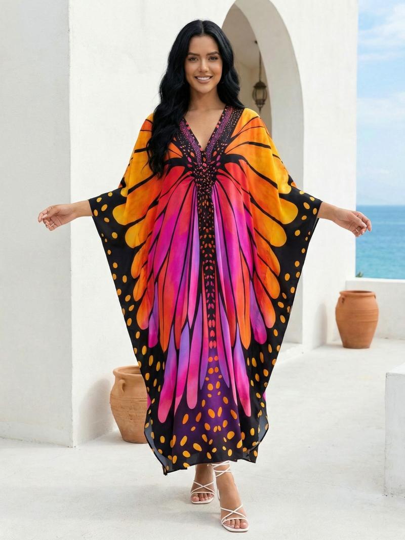 EDOLYNSA kaftans for woman Moo Moo Dress printing beach dress comfy muumuu caftan Batwing Sleeve relaxed robe bathing suit cover up holiday outfits Q1869