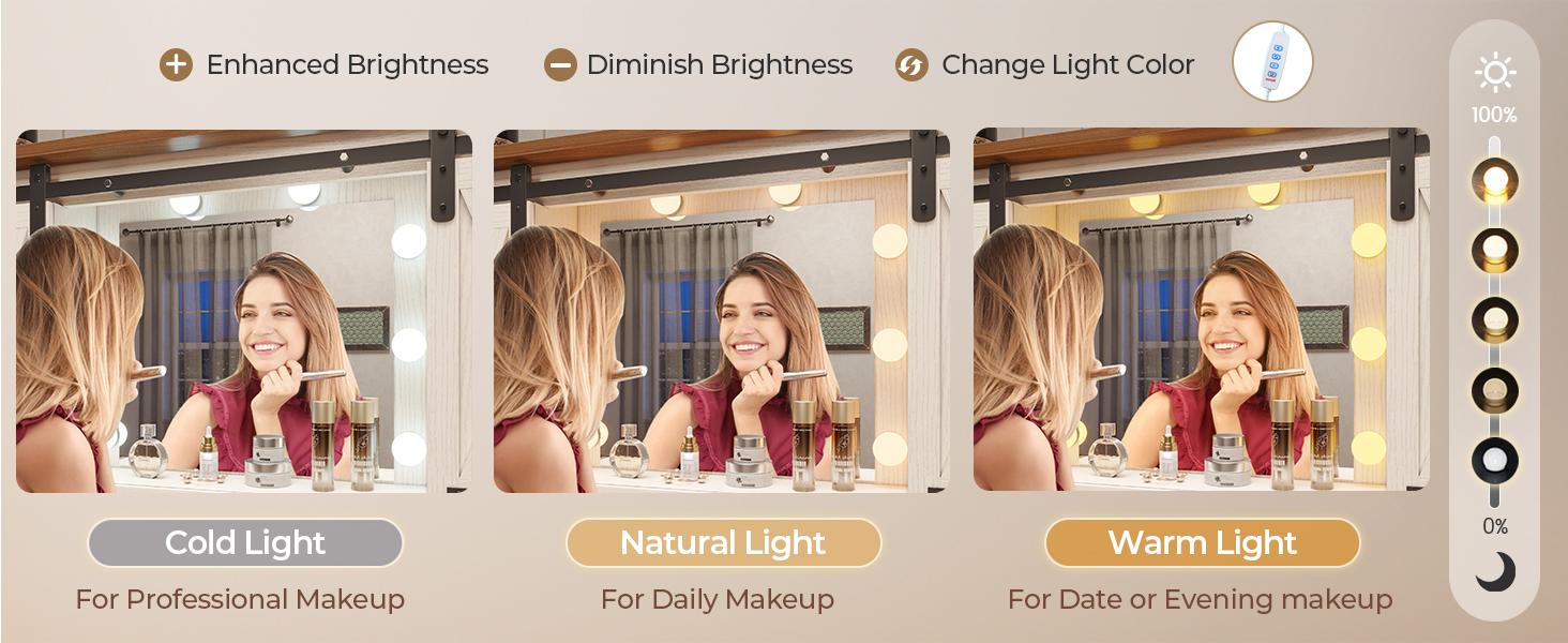 Sikaic Farmhouse Makeup Desk with Power Strips, Vanity Table with Sliding Barn Door and 5 Drawers, Dressing Table, White Furniture Organize Storage Bedroom