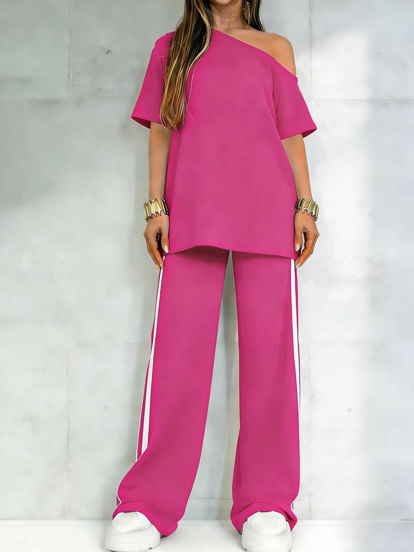 Women's Casual Sportswear Set, One-Shoulder Short Sleeve Top and Striped Long Pants, Spring Summer Two-Piece, Versatile Fashion