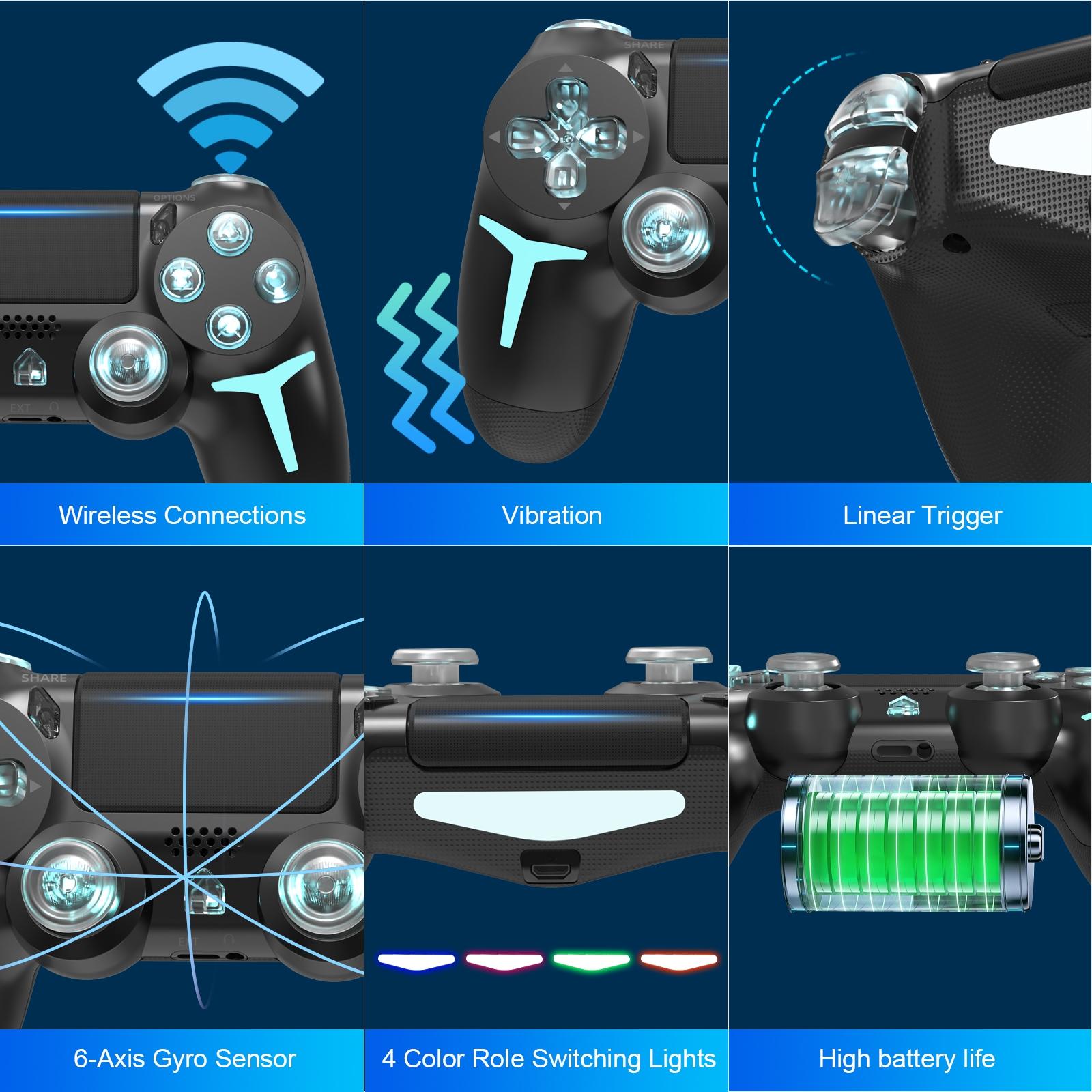 Wireless Game Controller with Three Color Lights, Compatible with Ps4 Ps3 PC, RGB LED Bluetooth-compatible Gaming Joystick, Six-Axis Gyroscope, Dual Vibration Feedback, Wireless Controllers