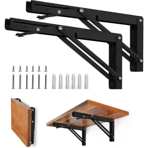 Folding Shelf Brackets - 10 Inch Heavy Duty Metal Collapsible Shelf Bracket for Bench Table, Shelf Hinge Wall Mounted Space Saving DIY Bracket, Max Load: 150 lb (2 PCS, Black)
