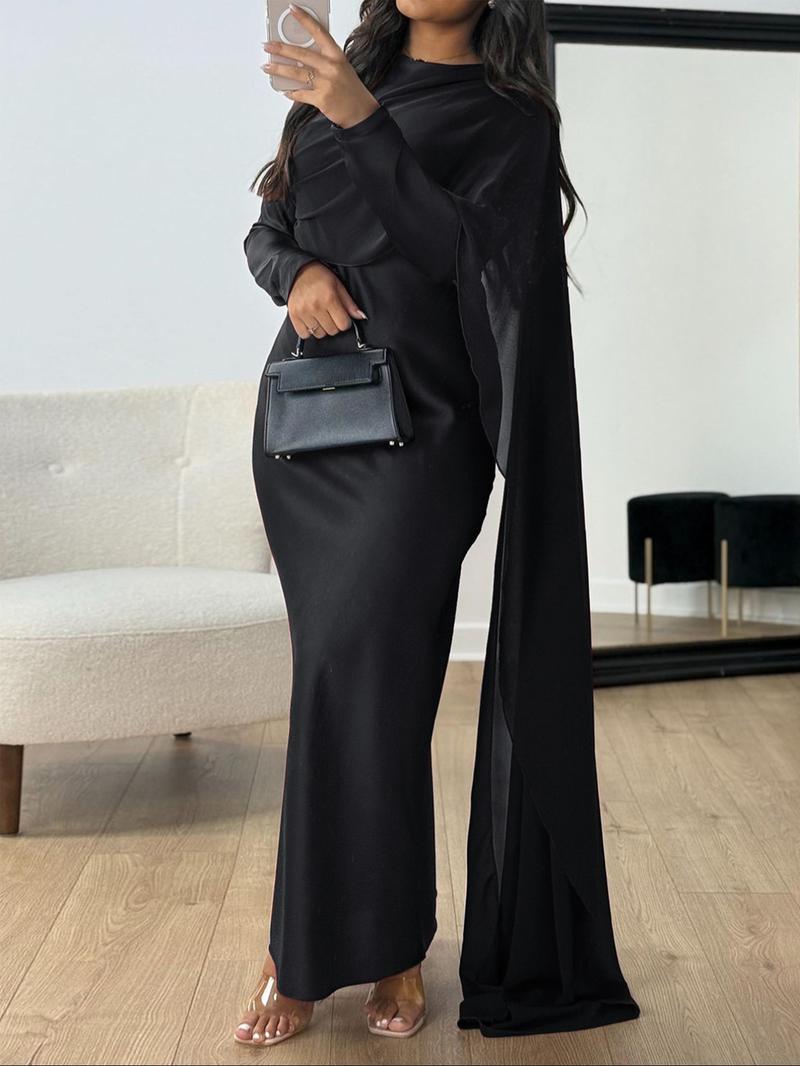 Pure Color Elegant Fashion One-Shoulder Cape Long Sleeve Dress, Fitted Style, Plain Pattern, Long Dress Length, Women's Clothing