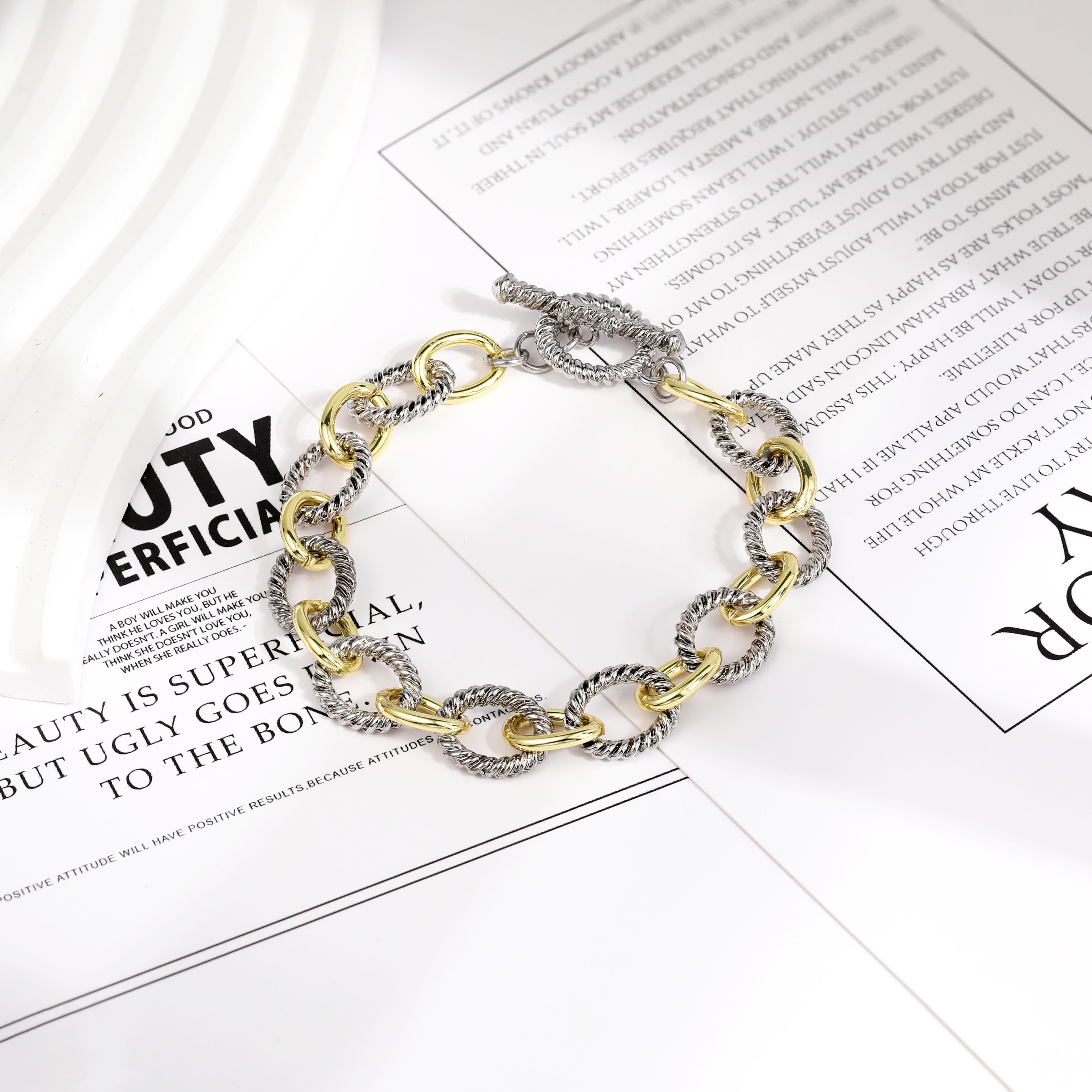 Aprilery Two-Tone Textured Chain Jewelry Set – Classic Link Necklace and Bracelet for Women