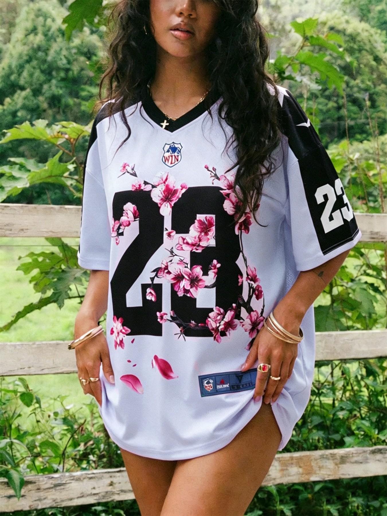 Women's Vintage Loose Fit Football Jersey, Floral Print & Sleeves, Casual Sports Wear, Outdoor Activities & Daily Wear