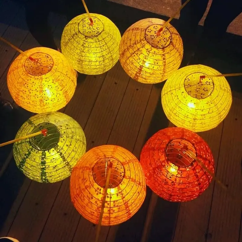 Set of 5 Paper Lanterns 8inches with LED Lights New Year Festival Valentines Lanterns Variety Color, Paper Lanterns with Tassels Walking Sticks for Wedding Dinner Birthday Decor