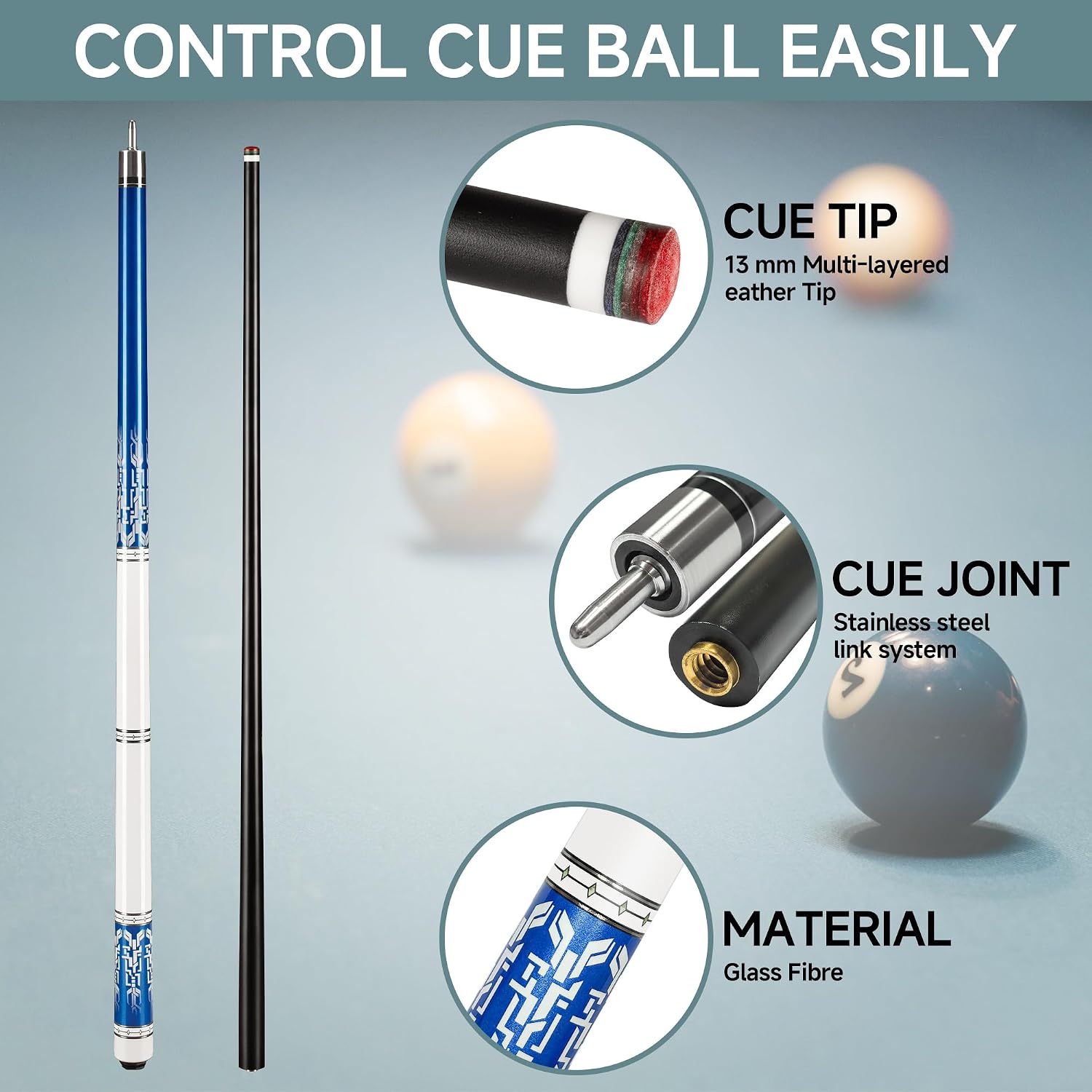 Fiberglass Pool Cue 58" Professional Pool Stick 12.7mm 4-Layer Tip Low Deflection Cue Stick, 3 * 8/8Joint Pin, Ultra-Smooth, Billiard Cue Sticks