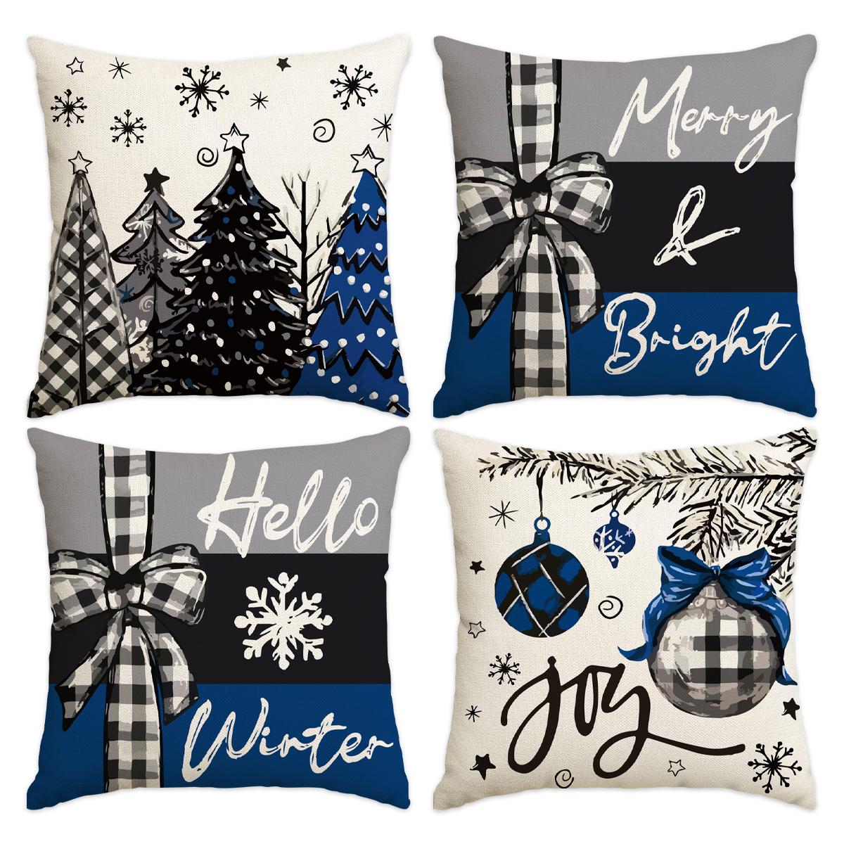 4pcs Christmas Pillow Covers Set, Tree Santa Snowflake Reindeer Prints, Winter Holiday Home Decor Cushion Cases for Bedroom Sofa Car Decoration, Halloween