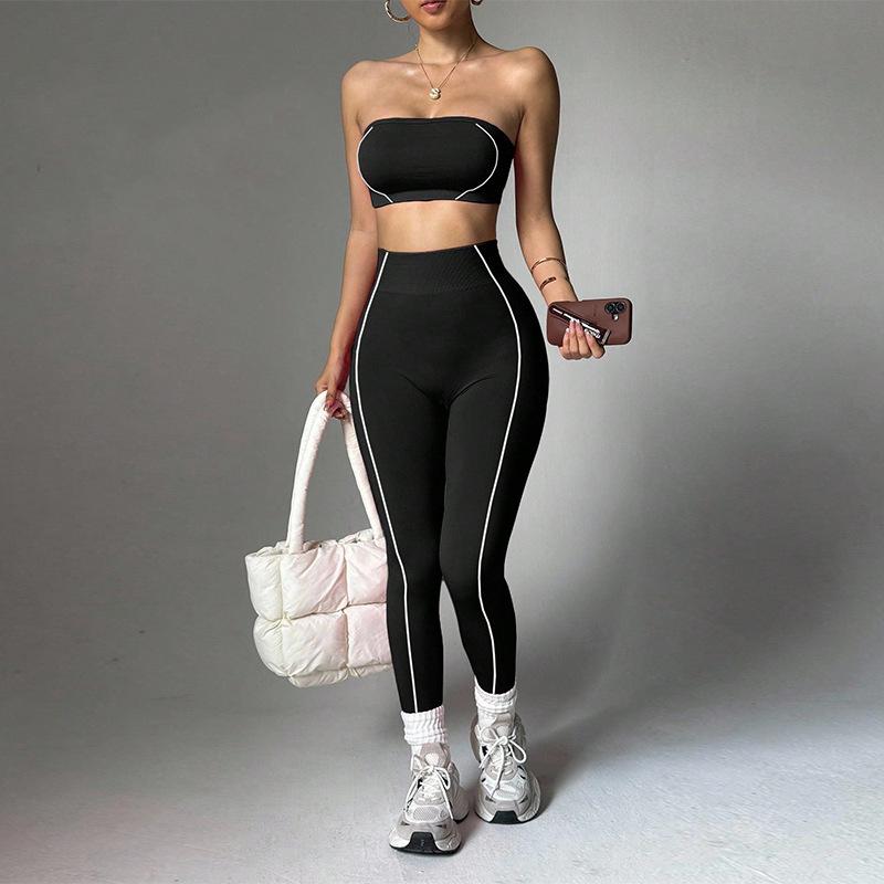 New yoga outfit for women, color-blocked bustier top, peach butt slim-fit long pants, fitness sportswear