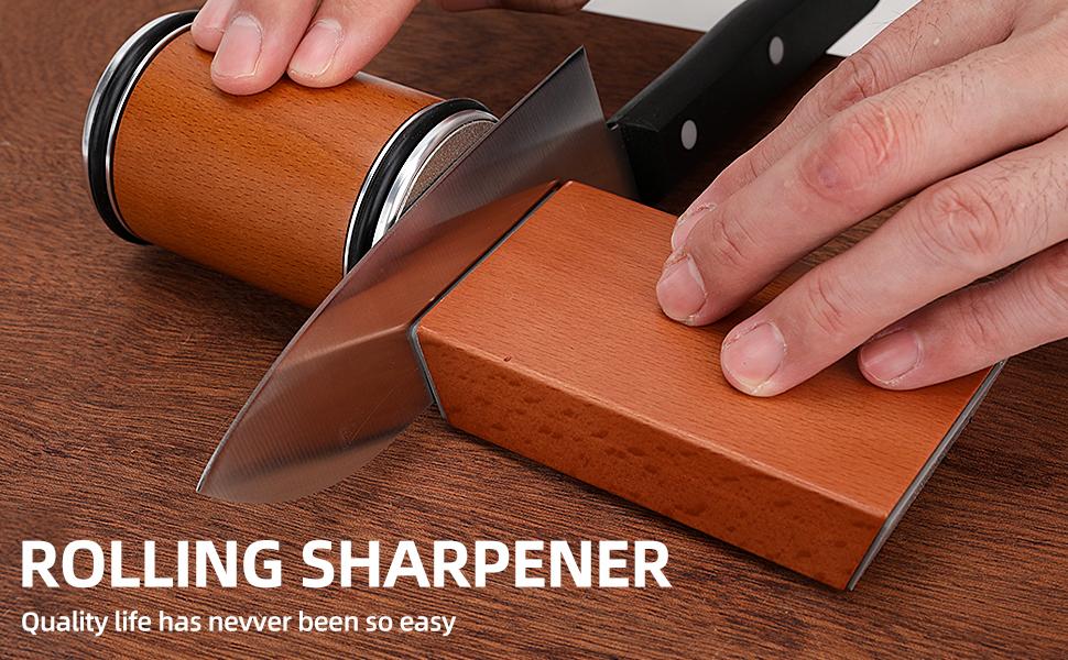 Rolling Knife Sharpener Kit, Knife Sharpening Tool, Roller Knife Sharpener with Diamond Stone for Kitchen, Wooden Rolling Knife Sharpener, Rolling Knives Sharpeners with Angle 15° & 20° for honing knives