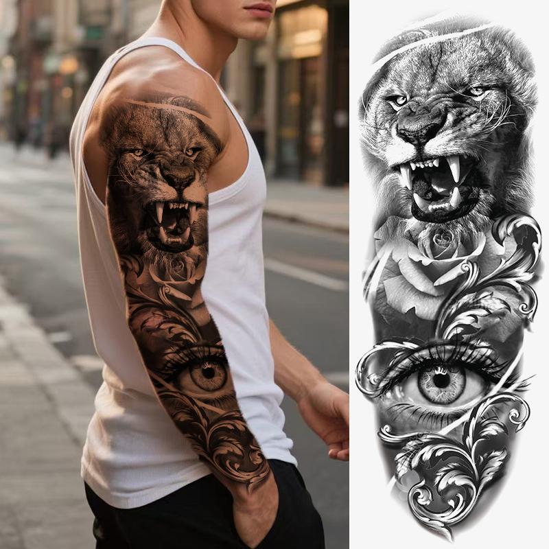 6 Sheets Lion Animal Temporary Tattoo Stickers, Large Full Arm Fake Tattoos for Men Women Adults, Long-Lasting Body Art Makeup