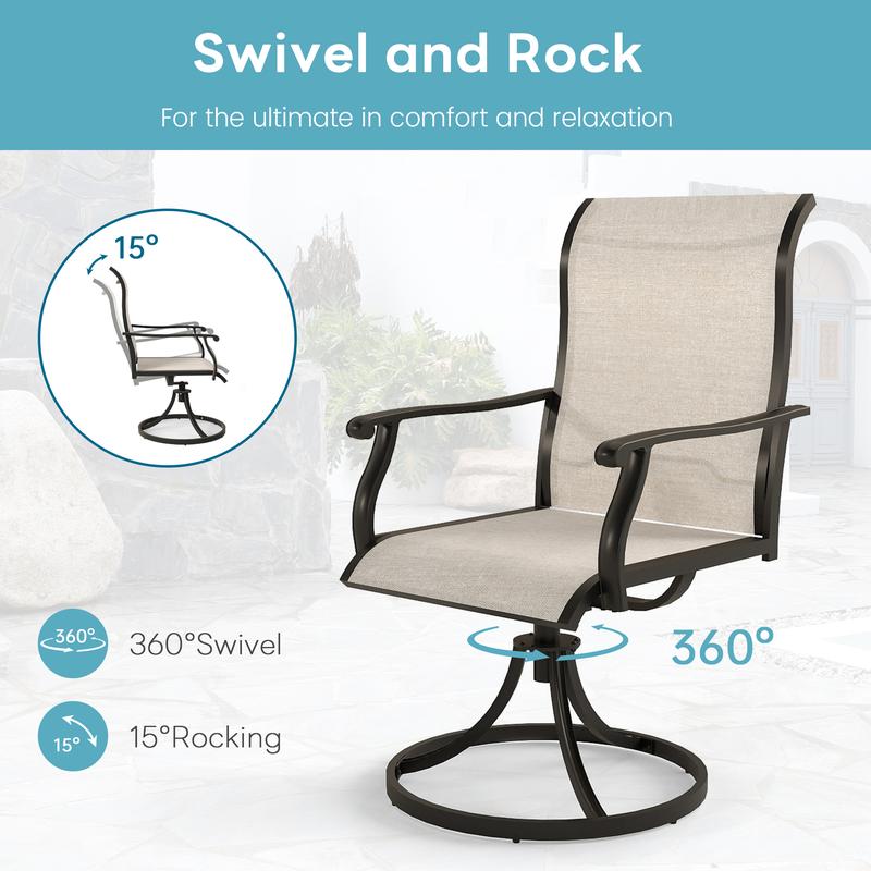 Outdoor Patio Swivel Dining Chairs Set of 2, 360 Swivel and All Weather Rocking Chair with Textilene Mesh Fabric and Rust Proof Steel Frame, 400 Lb. Capacity,for Lawn, Porch or Garden，Beige