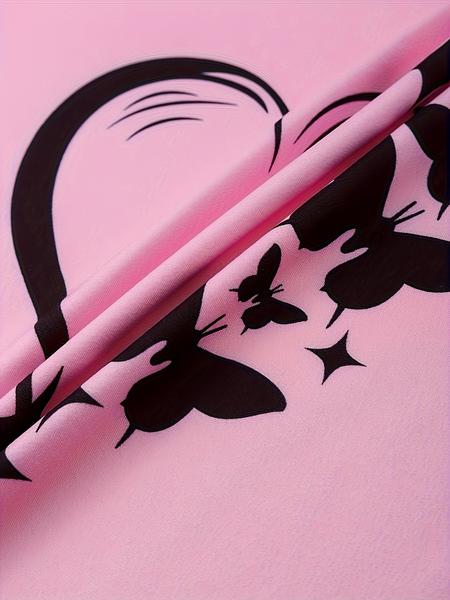 Silky Fiber Pajama Set, 95% Polyester & 5% Elastane Blend, Short Sleeve Round Neck Shorts, Heart Butterfly Patterns, Spring Summer Fall Wear, Loungewear