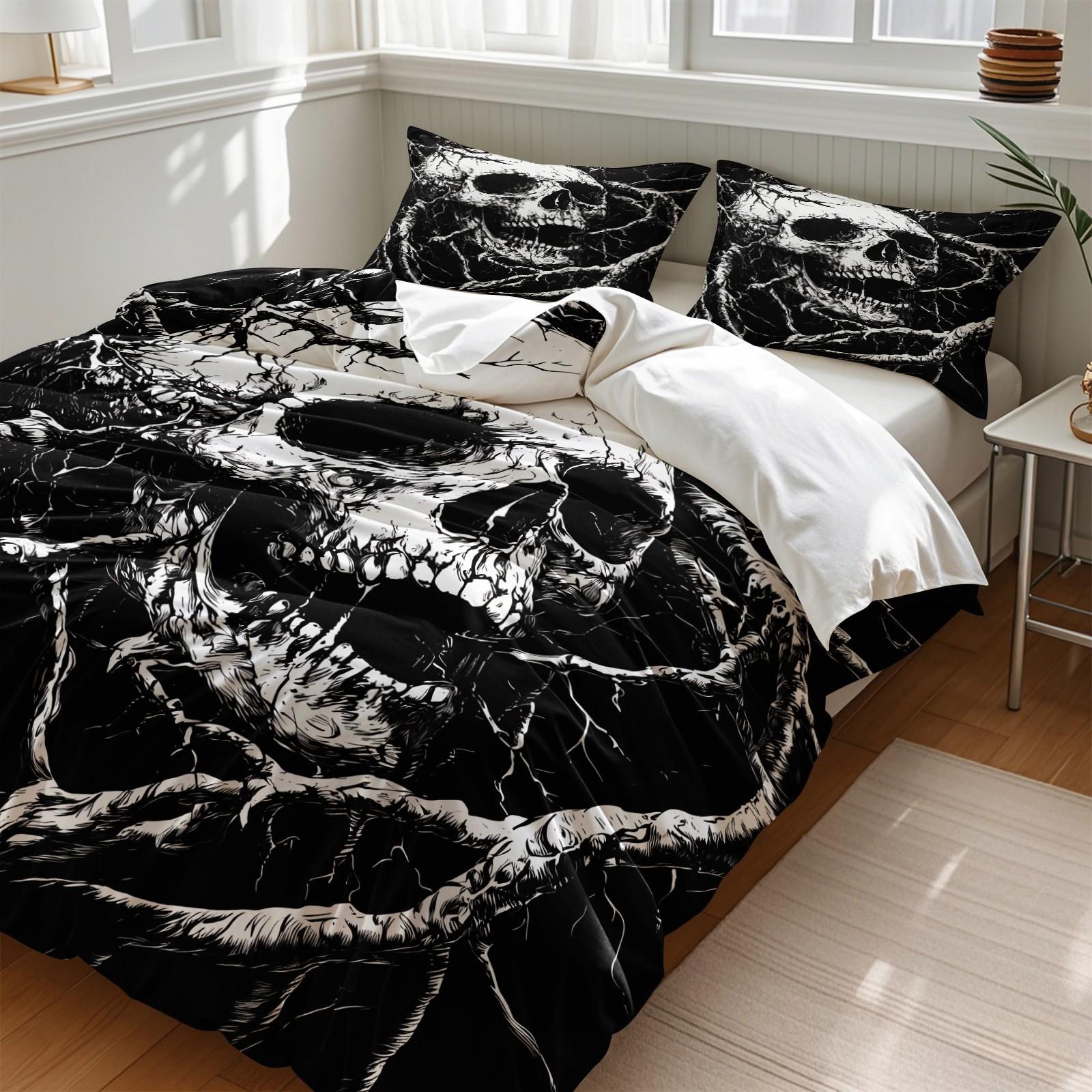 Black White Horror Skull Decorative Duvet Cover Set 3 Pieces No Filler, 1 Duvet Cover + 1-2 Coreless Pillowcases, Vintage Twisted Root Skeleton Print, Breathable Soft Comfy Dark Gothic Bedroom Bedding
