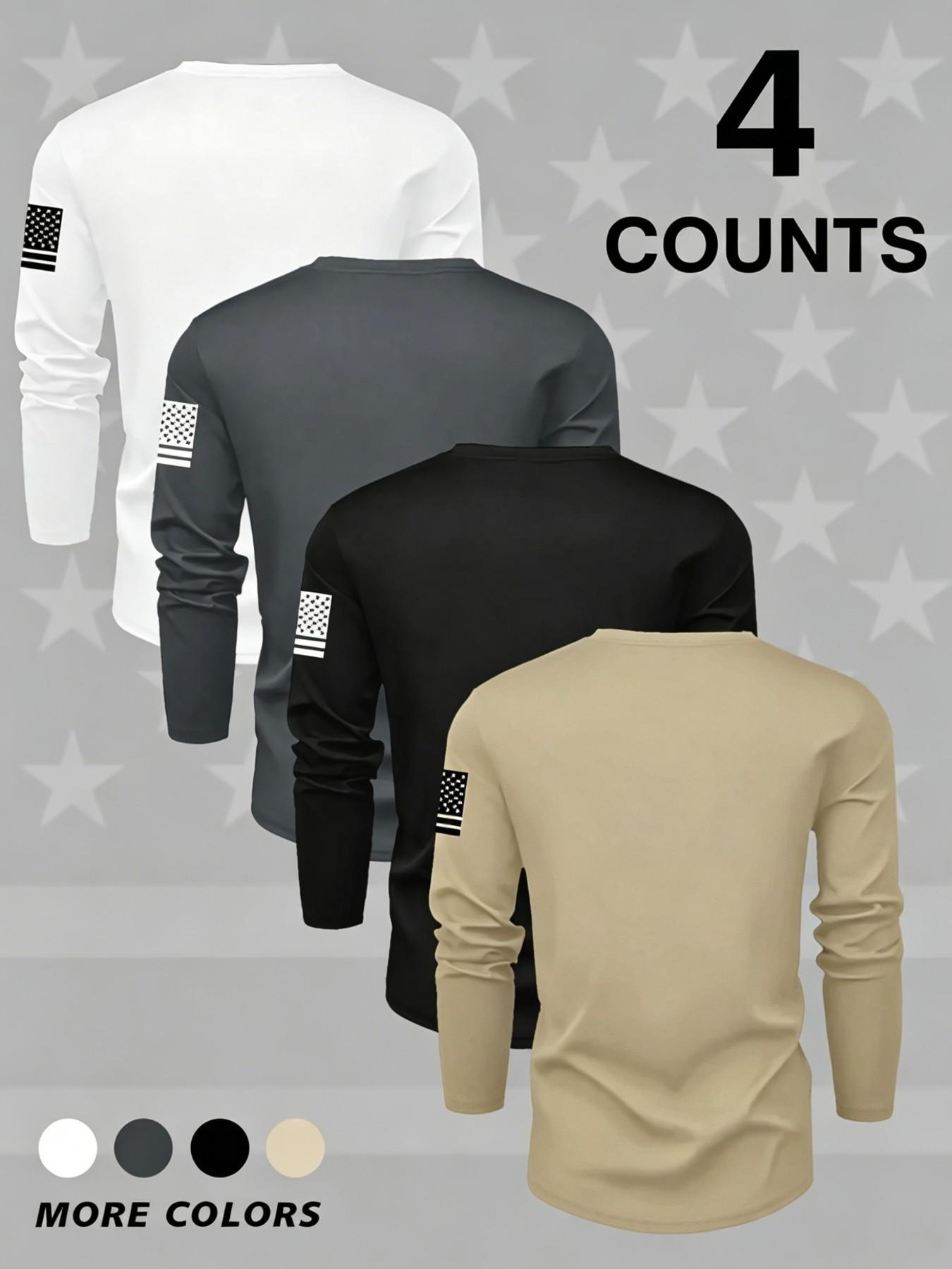 4 Pack Men's Round Neck Long Sleeve T-Shirts, Casual Knitwear Top, Slight Stretch, Flag Print, Quick Dry, Gym, Running, Outdoor Activities