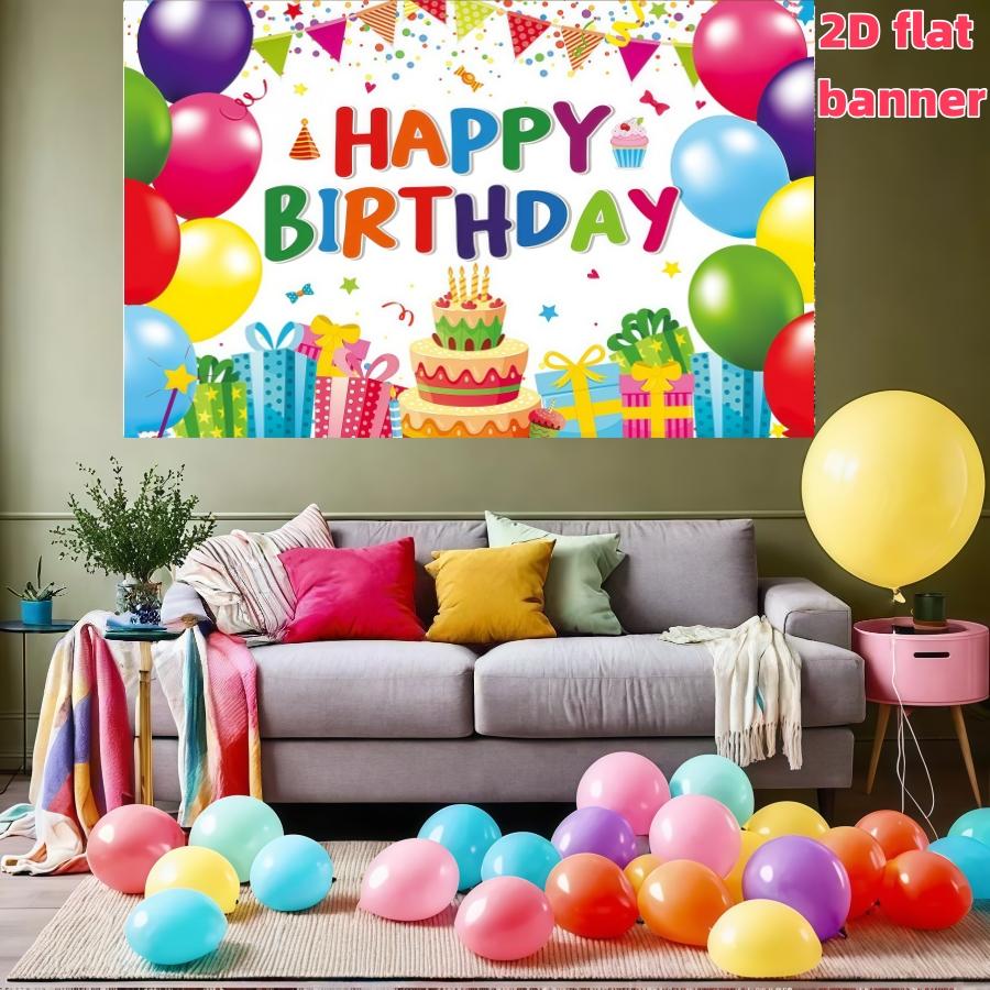 Colorful Birthday Party Backdrop Banner, Polyester Material, Balloon and Cake Elements, Home Decor, Indoor and Outdoor Parties, Photography Background