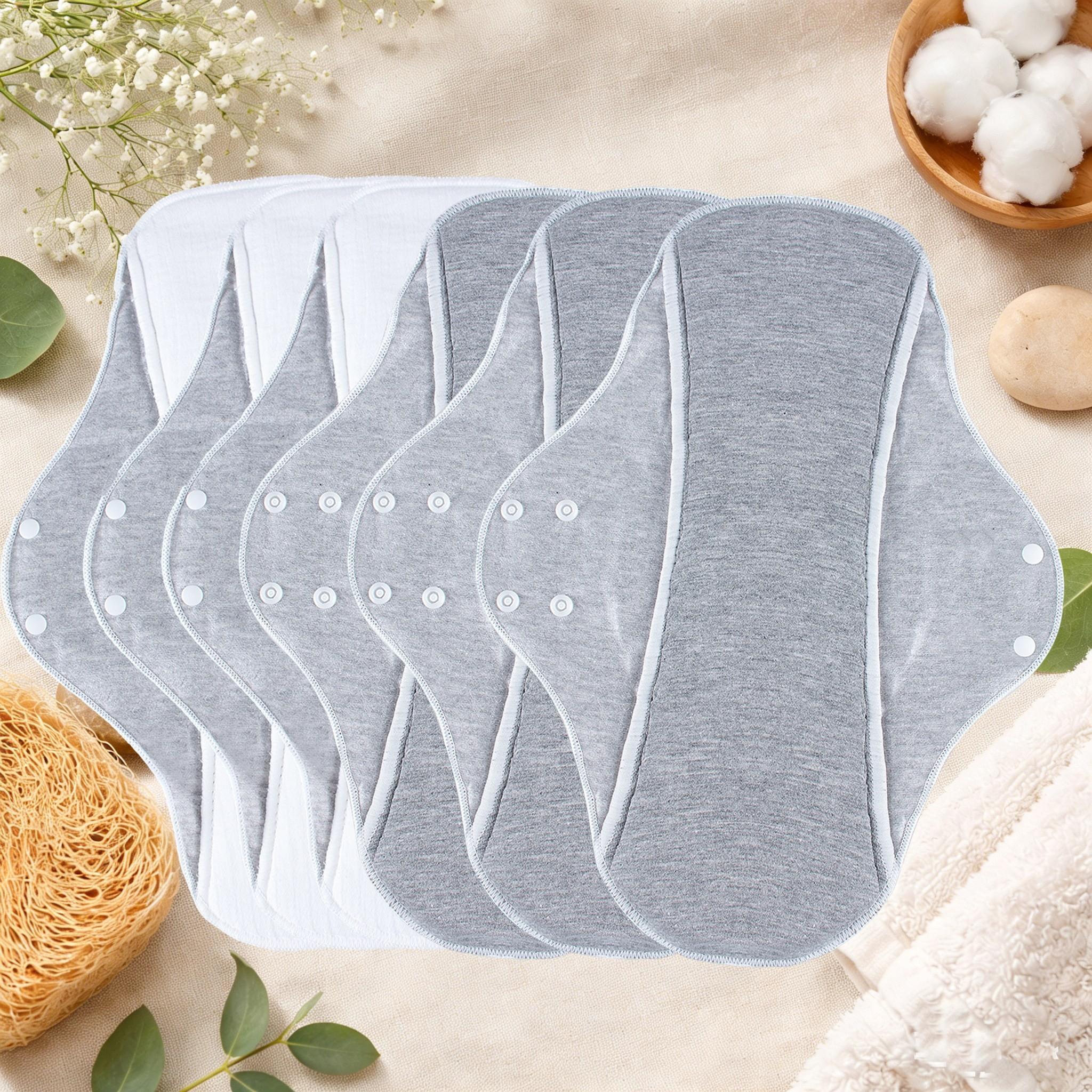 Reusable Washable Sanitary Pads, Graphene Cotton, Heavy Flow, Breathable Liner, High Absorbency, Night Use, 6 Pack Value Bundle,  Leak-Proof, Heavy Flow Overnight Menstrual Cloth Pads, Washable & Reusable，  (5 Colors: Skin/Green/Pink/Coral/Yellow)